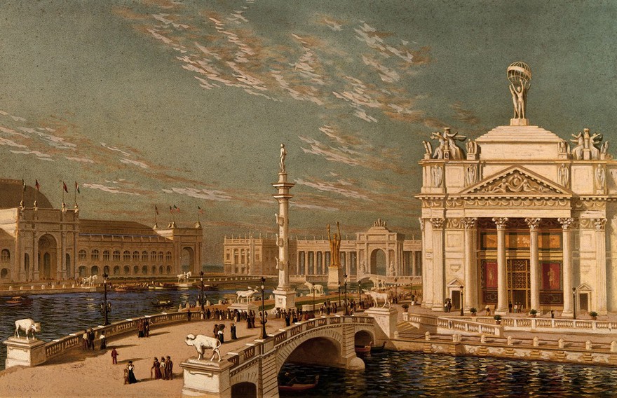 The World's Columbian Exposition of 1893, Chicago: a view of the Court of Honour, Peristyle and Agricultural Hall, seen from the Machinery Hall. Chromolithograph with gouache after a painting by J.R. Key, 1894.
