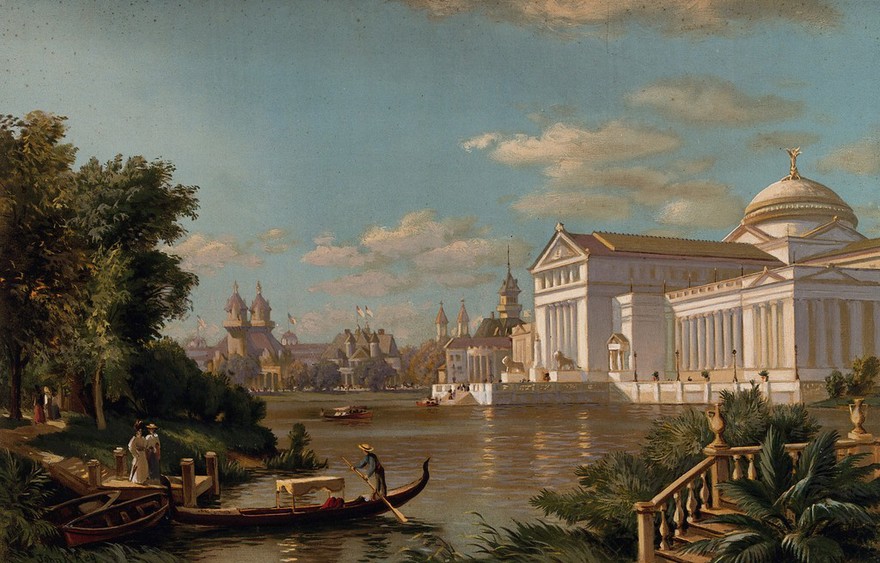 The World's Columbian Exposition of 1893, Chicago: a view of the Art Palace and Lagoon. Chromolithograph with gouache after a painting by J.R. Key, 1894.