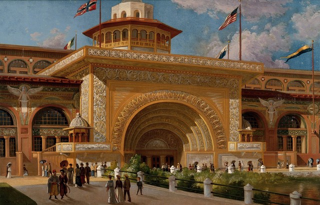 The World's Columbian Exposition of 1893, Chicago: entrance to the Transportation Building. Chromolithograph with gouache after a painting by J.R. Key, 1894.