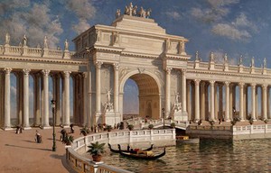 view The World's Columbian Exposition of 1893, Chicago: a view of the Peristyle. Chromolithograph with gouache after a painting by J.R. Key, 1894.