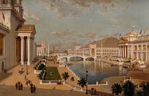 The World's Columbian Exposition of 1893, Chicago: a general view of the exhibition buildings, seen from the Collonade. Chromolithograph with gouache after a painting by J.R. Key, 1894.