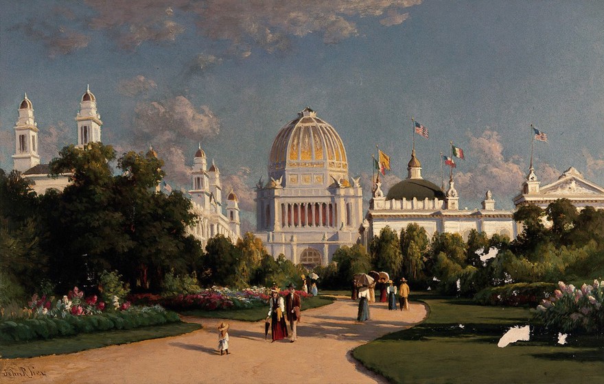 The World's Columbian Exposition of 1893, Chicago: a view of the Administration, Mining and Electrical Buildings, seen from the Wooded Island. Chromolithograph with gouache after a painting by J.R. Key, 1894.