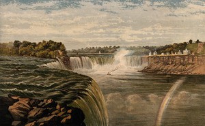 view Niagara Falls: a view of the American side of the Falls, with a rainbow reflected in the water. Photogravure (?) after a drawing by G.H. Andrews, ca. 1860.