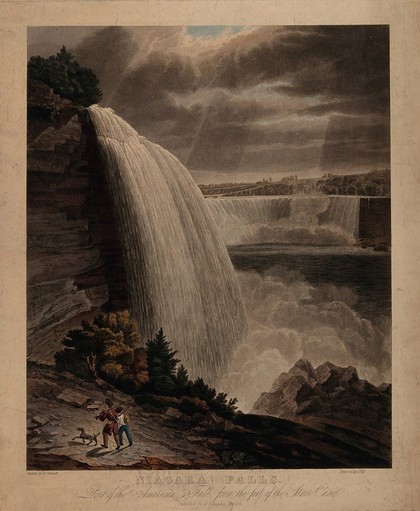 Niagara Falls: a view of the American side of the Falls, from the foot of the Staircase. Coloured aquatint with etching by J. Hill after H.J. Bennett, ca. 1829.