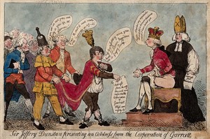 view Sir Jeffrey Dunstan, mayor of Garrett, presents an address from the Corporation of Garrett to William Pitt the younger, who wears a crown and sits on a commode. Coloured etching by F.G. Byron, 1788.