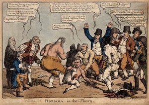 view A bare-knuckled boxing match between the Prince of Wales and Napoleon, with their supporters including a black man. Coloured etching by Charles Williams, 1815.