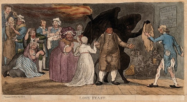 Drunken and diseased people attending the wedding of William Huntington and the rich widow Sanderson; behind Huntington is a devil handing breeches to a hack journalist. Coloured etching by S. De Wilde, 1808.