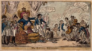 view John Bull on a throne receiving emaciated and tattered supplicants for charity, including Napoleon. Coloured etching by G. Cruikshank, 1814.