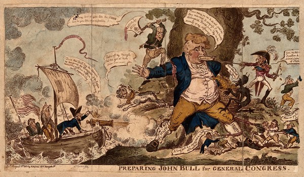 John Bull being attacked by many tiny figures representing England's engagements overseas. Coloured etching by G. Cruikshank, 1813.