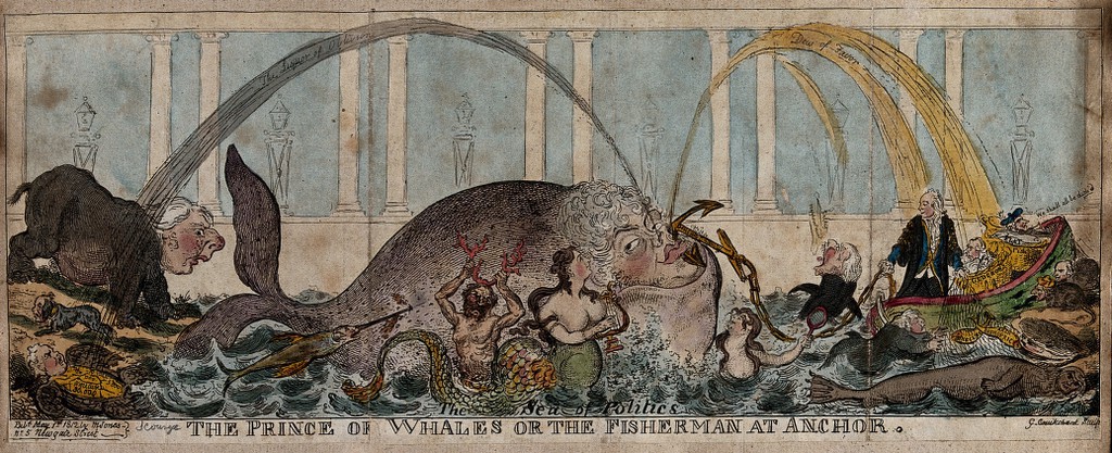 A whale with the head of the Prince Regent spouts two streams inscribed "The liquor of oblivion" and "The dew of favour", referring to his desertion of the Whigs and to favours bestowed on the Tories. Coloured etching by G. Cruikshank, 1812.