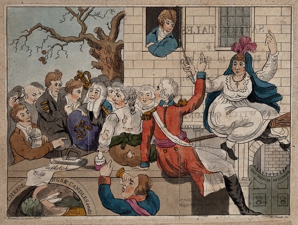 The Prince of Wales looks from a window of Carlton House at a crowd of people and a woman on a broomstick; George III looks on through a telescope. Coloured etching by "H. Shade" after "Nicholas Lunatic".