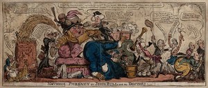 view John Bull as a patient, in disarray, reclines on a sofa and receives medical treatment from politicians. Coloured etching by G. Cruikshank, 1813.