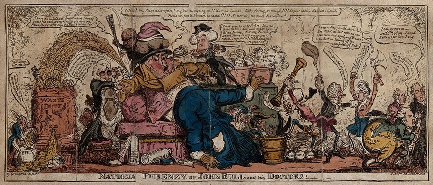 John Bull as a patient, in disarray, reclines on a sofa and receives medical treatment from politicians. Coloured etching by G. Cruikshank, 1813.