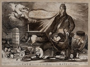 view The Prince Regent, his head irradiated, opens a bag containing cats; a cat with the head of Lord Eldon leaps on to a rat with the head of Lord Grey. Aquatint, 1811.