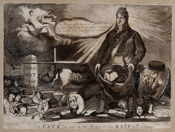 The Prince Regent, his head irradiated, opens a bag containing cats; a cat with the head of Lord Eldon leaps on to a rat with the head of Lord Grey. Aquatint, 1811.