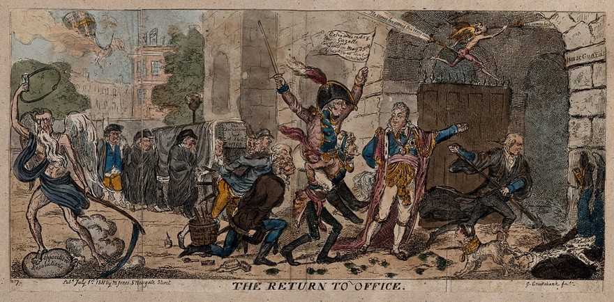 The Duke of York carried by General Dundas is invited by the Prince Regent to proceed under the arch of the Horse Guards, Whitehall. Coloured etching by G. Cruikshank, 1811.