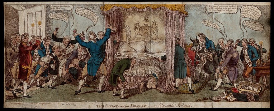 A parson being put into bed with an ass dressed in a frilled nightgown, as a practical joke. Coloured etching by C. Williams, 1814.