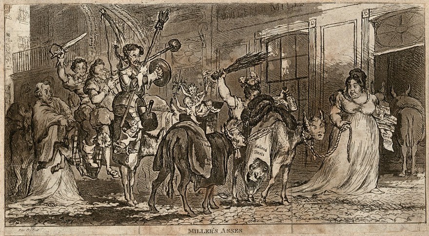 Asses representing authors published by William Miller enter his bookshop in Albemarle Street, Westminster. Coloured etching by Peter Pry, 1808.