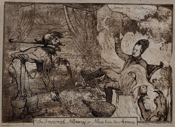 Napoleon, nursing his infant, receives the news of the defeat of the French by Wellington at Masséna. Aquatint, 1811.
