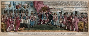 view Napoleon as Emperor addressing the Senate on the glory of France and other matters. Coloured etching by Charles Williams, 1813.