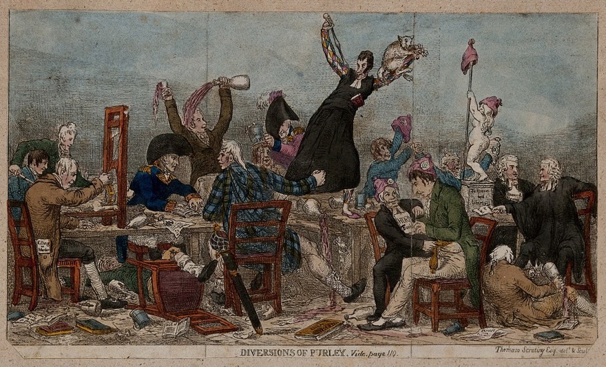A rowdy dinner of British political radicals at John Horne Tooke's house in Wimbledon: Tooke and Burdett wear bonnets rouges. Coloured etching by Thomaso Scrutiny (Samuel De Wilde?), 1808.