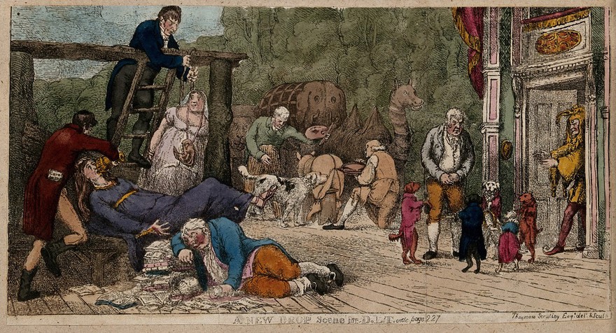 On the stage of the Drury Lane Theatre, Comedy is hanged, Tragedy is stabbed, and Sheridan the playwright lies dead drunk as the theatre is given over to animal entertainments. Coloured etching by S. De Wilde, 1808.