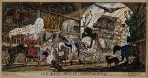 view A menagerie of animals with the heads of politicians. Coloured etching by "Aqua Fortis" after W.H. Brooke after "Satirist", 1812.