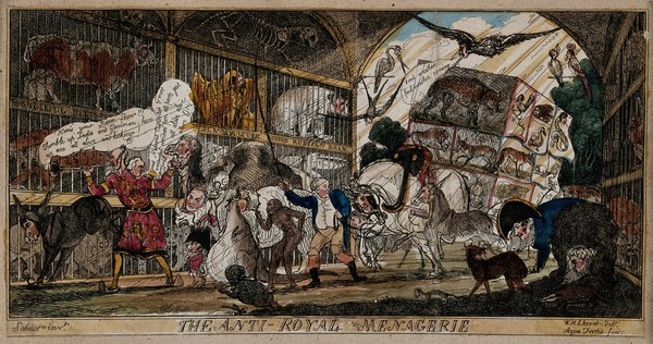 A menagerie of animals with the heads of politicians. Coloured etching by "Aqua Fortis" after W.H. Brooke after "Satirist", 1812.