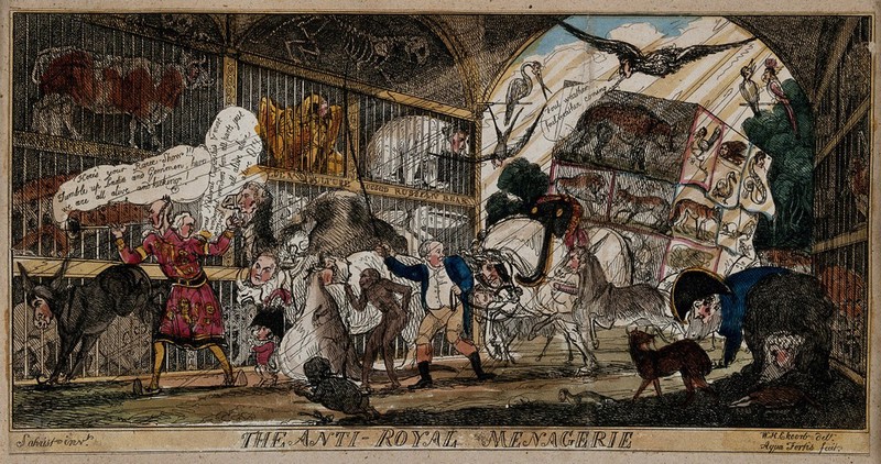 A menagerie of animals with the heads of politicians. Coloured etching by "Aqua Fortis" after W.H. Brooke after "Satirist", 1812., [1 December 1812], by William Henry Brooke
