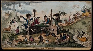 view Lord Cochrane and Captain de Beranger, collaborators in a fraudulent manipulation of the Stock Exchange, playing dice while in the stocks. Coloured etching by George Cruikshank, 1814.