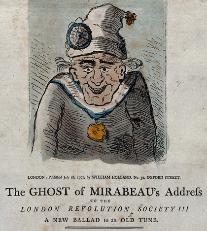 The ghost of the revolutionary politician Mirabeau giving an address. Coloured etching, 1791.