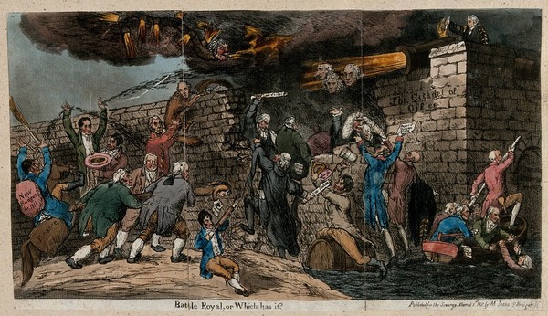The ministry of Spencer Perceval defending their government, represented as a citadel, against attack by Opposition politicians. Coloured etching by S. De Wilde, 1811.