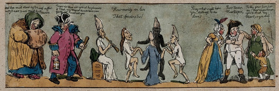 Dancing spectres (centre), a man and a woman arguing (left), and two women arguing over a man (right). Coloured etching.