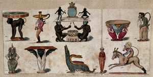 view Furniture in human and animal forms. Coloured etching by S. de Wilde, 1807, after "Sylvester Scrutiny".