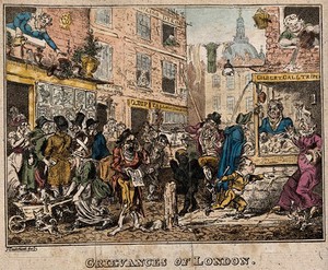 view A crowded street in London. Coloured etching by G. Cruikshank, 1812.