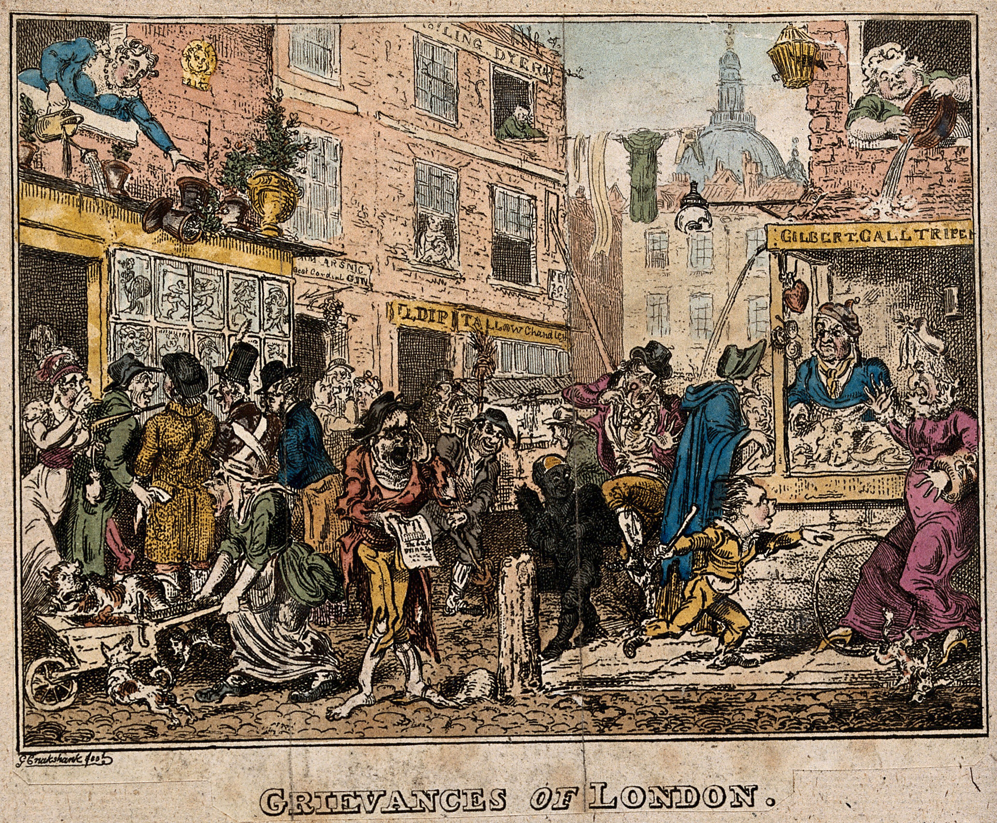 A crowded street in London. Coloured etching by G. Cruikshank, 1812.