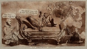 view The amateur actor Robert Coates dreaming about his success on the stage in the role of Romeo. Aquatint attributed to "The Caricaturist General", 1812.