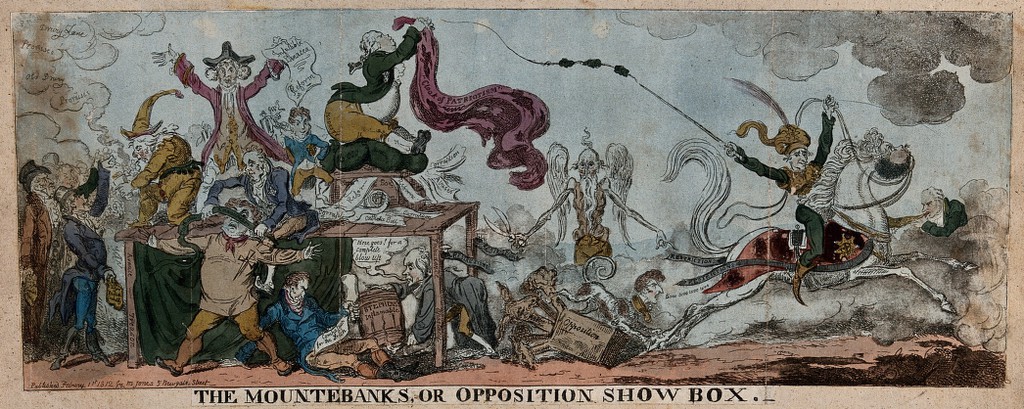 A troupe of quack medicine vendors crying up their wares, representing Opposition politicians advertising their policies to the Prince Regent, but he, represented as a horse ridden by R.C. Wellesley, gallops away from them. Coloured etching by G. Cruikshank after "Nathaniel NoParty", 1812.