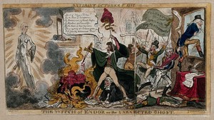 view Sir Francis Burdett conjuring up a ghost, expecting it to be that of Lord Edward Fitzgerald, but the ghost of William Pitt the younger appears. Coloured etching by G. Cruikshank, 1813.