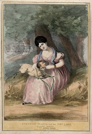 view A woman as Maria holds a pet lamb in her lap; representing Caroline Norton and her relationship with William Lamb, Lord Melbourne. Coloured lithograph by H. Heath, ca. 1836.