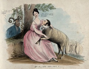 view A woman holds a lamb in her lap while a ram looks on; representing Caroline Norton, her relationship with William Lamb, Lord Melbourne, and the disaffection of her husband. Coloured lithograph, ca. 1836.