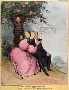 Sir John Campbell, Attorney General, sits with his wife, Lady Stratheden, who holds up a crown of the peerage. Coloured lithograph by H.B. (John Doyle), 1836.