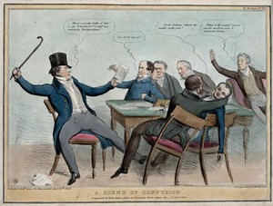 view Lord Melbourne reads Sir John Campbell's letter of resignation to members of his cabinet. Coloured lithograph by H.B. (John Doyle), 1836.