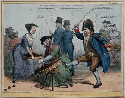 Dressed as a beadle Joseph Hume kicks over a basket containing oranges, the wares of the Duke of Cumberland who is dressed as a female street seller. Coloured lithograph by H.B. (John Doyle), 1836.