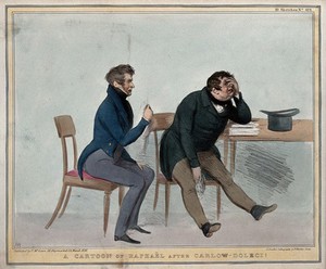 A giant holding a crozier with a cap of liberty points menacingly to Daniel O'Connell who stands on the brink of a precipice. Coloured lithograph by H.B. (John Doyle), 1843.