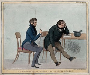 view Alexander Raphael and Daniel O'Connell crying. Coloured lithograph by H.B. (John Doyle), 1836.