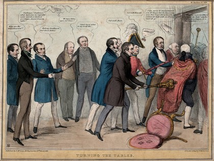 The Lord Mayor and officers of the Irish corporations are hustled through a door by conservatives Sir Robert Peel, Sir Henry Hardinge and Lord Stanley among others. Coloured lithograph by H.B. (John Doyle), 1836.
