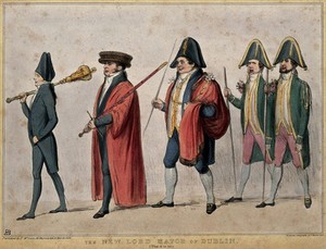 view A mayorial procession with Daniel O'Connell. Coloured lithograph by H.B. (John Doyle), 1836.