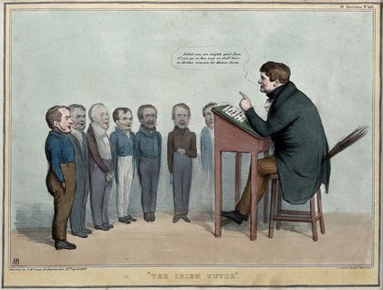 Daniel O'Connell sits at a lectern desk with a birch inscribed "repeal" teaching a row of school boys. Coloured lithograph by H.B. (John Doyle), 1836.