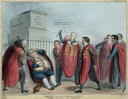 Beneath the broken equestrian statue of William III a group of robed politicians, including the Duke of Wellington, attack with scrolls Morrison the Mayor of Dublin, who collapses. Coloured lithograph by H.B. (John Doyle), 1836.